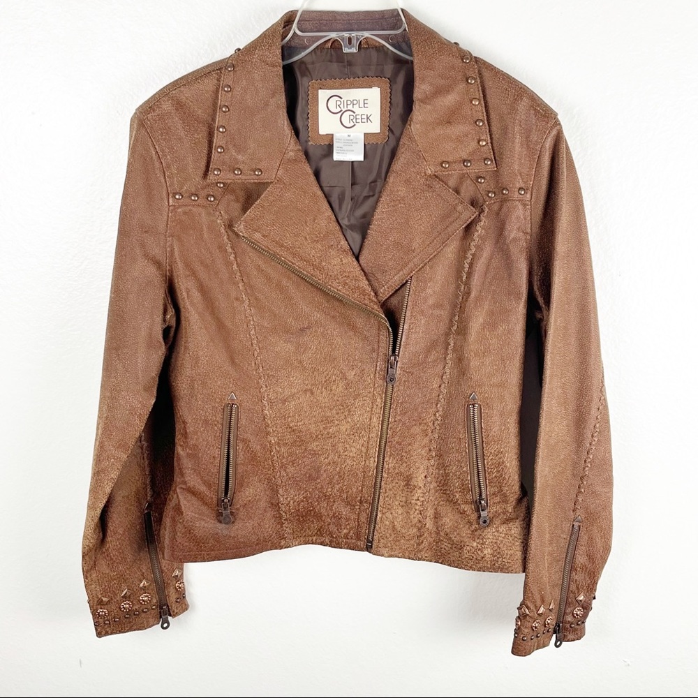 CRIPPLE CREEK Brown 100% Genuine Leather Studded Zip Pockets Jacket Size Medium